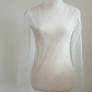 Shimmer Sheer-White-Mesh-Sparkle-Festival-Long Sleeve Top-Size Small